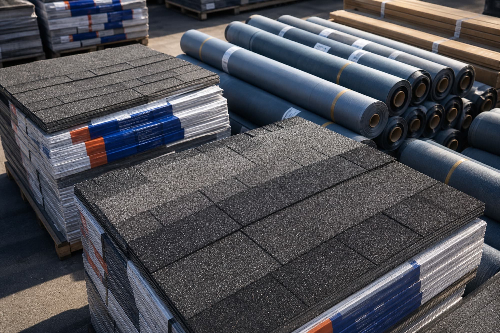 Roofing materials — shingles and underlayment staged for procurement